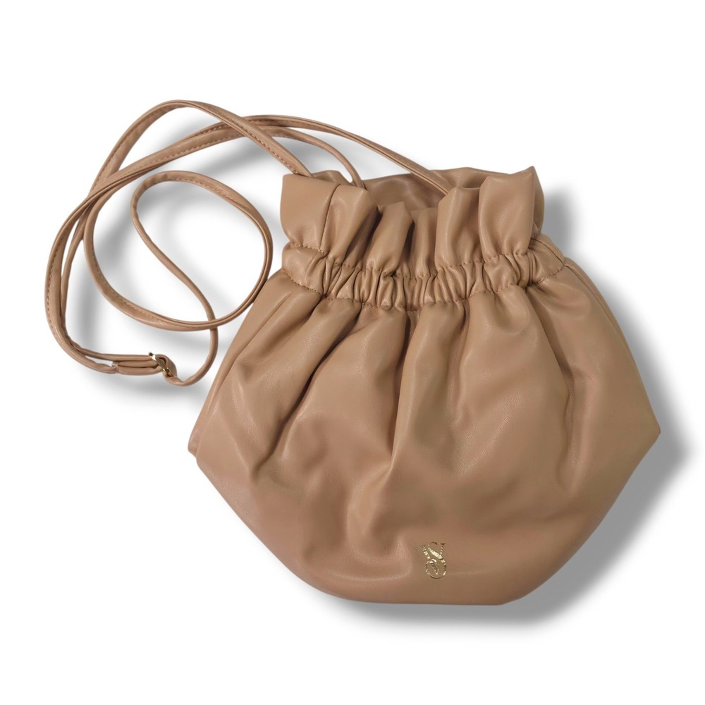 Victorias Secret Mini Bucket Bag Ruched Faux Leather Beige Crossbody NWT - Picture 3 of 10
